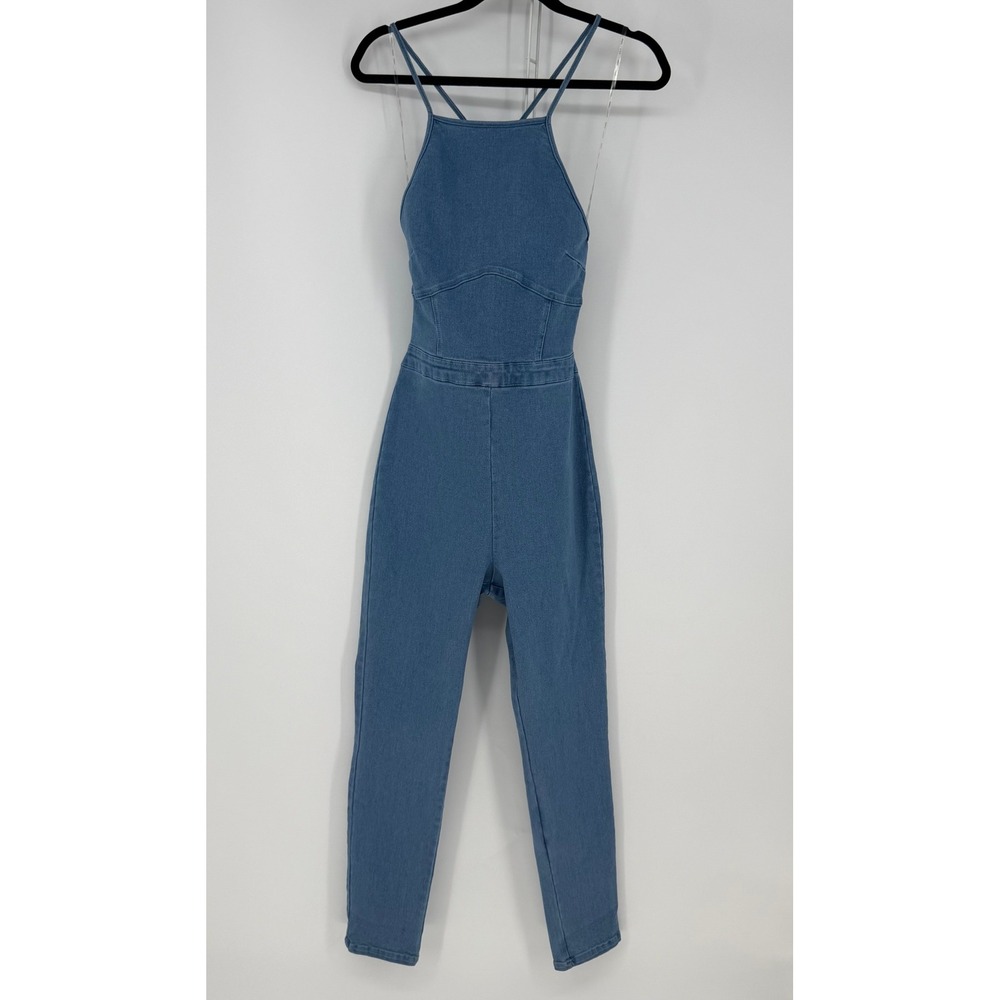 Blashe Denim Jumpsuit Women Large Blue Lace Up Open Back Halter Boho Festival